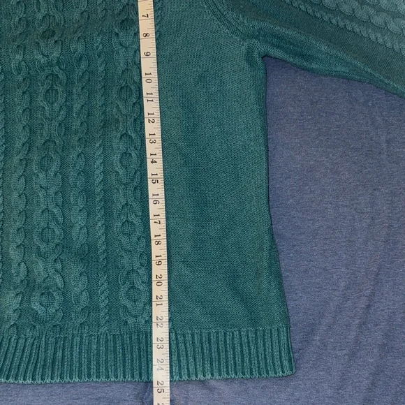 LL Bean Vintage Cable Knit Sweater Teal Cotton XL Fisherman Crewneck 90s - Picture 9 of 10